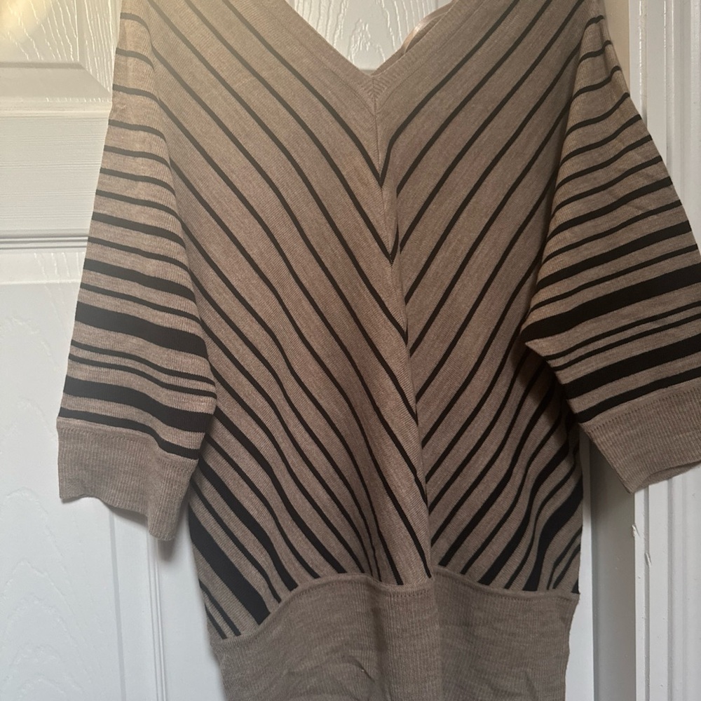 Sag Harbor Taupe and Black Striped V‑Neck Sweater
